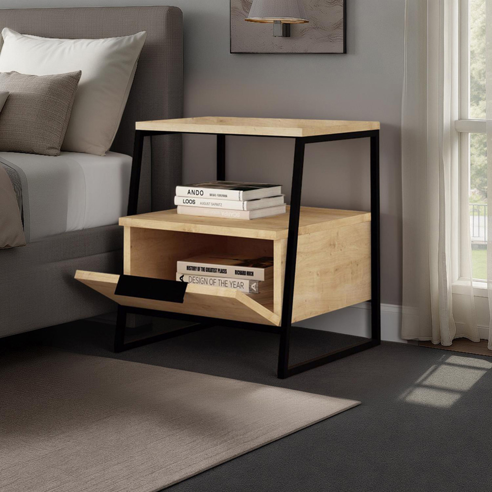 FWStyle Pal Single Door Single Shelf Oak Bedside Table Image 2