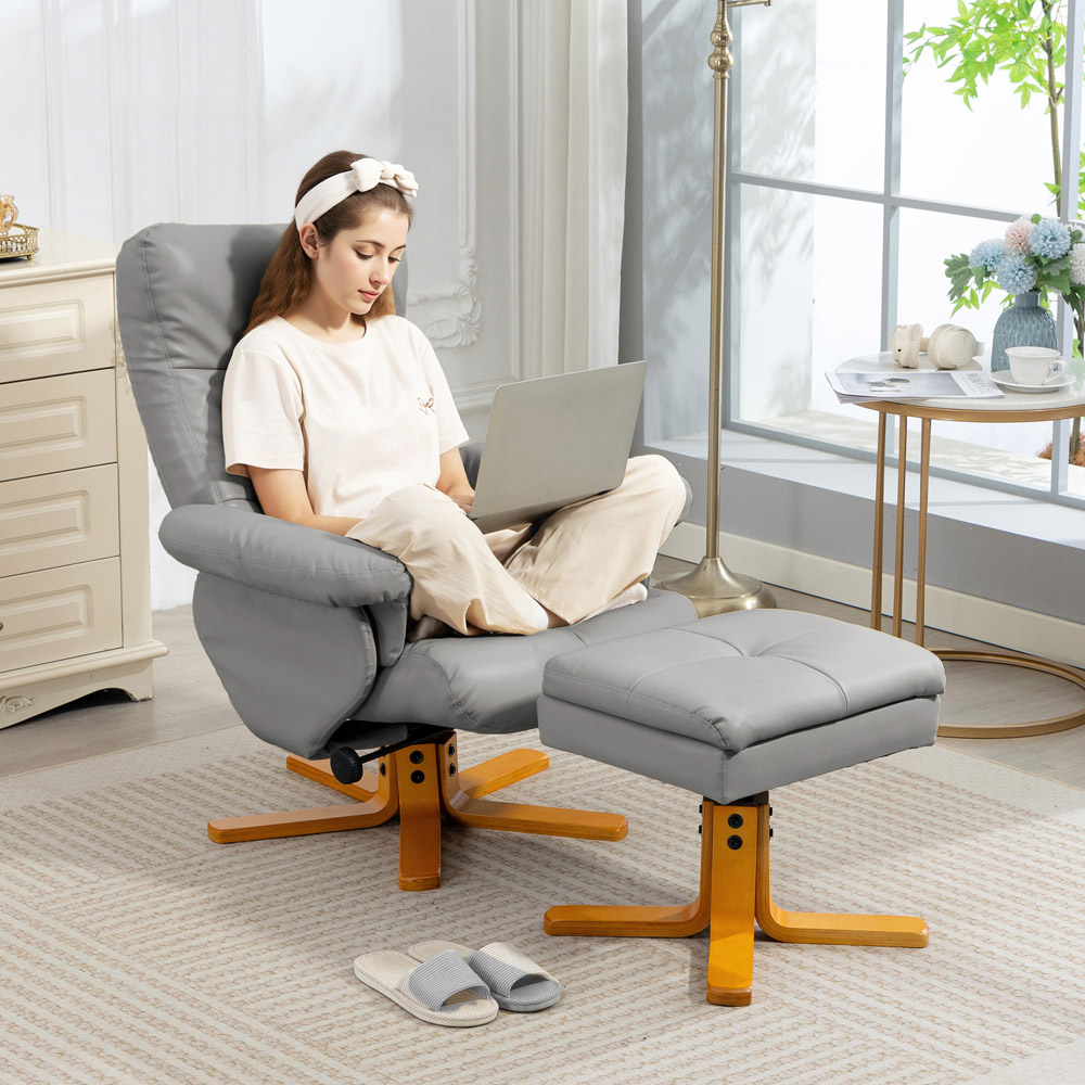 Portland Light Grey PU Leather Wooden Base Swivel Recliner Chair with Ottoman Image 4
