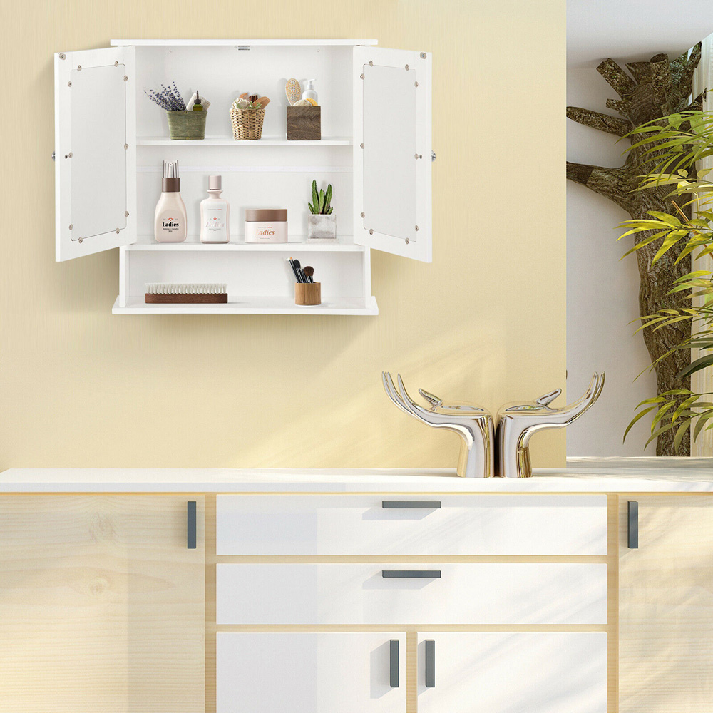 Costway White Adjustable Wooden Hanging Medicine Organizer with Mirror Image 5