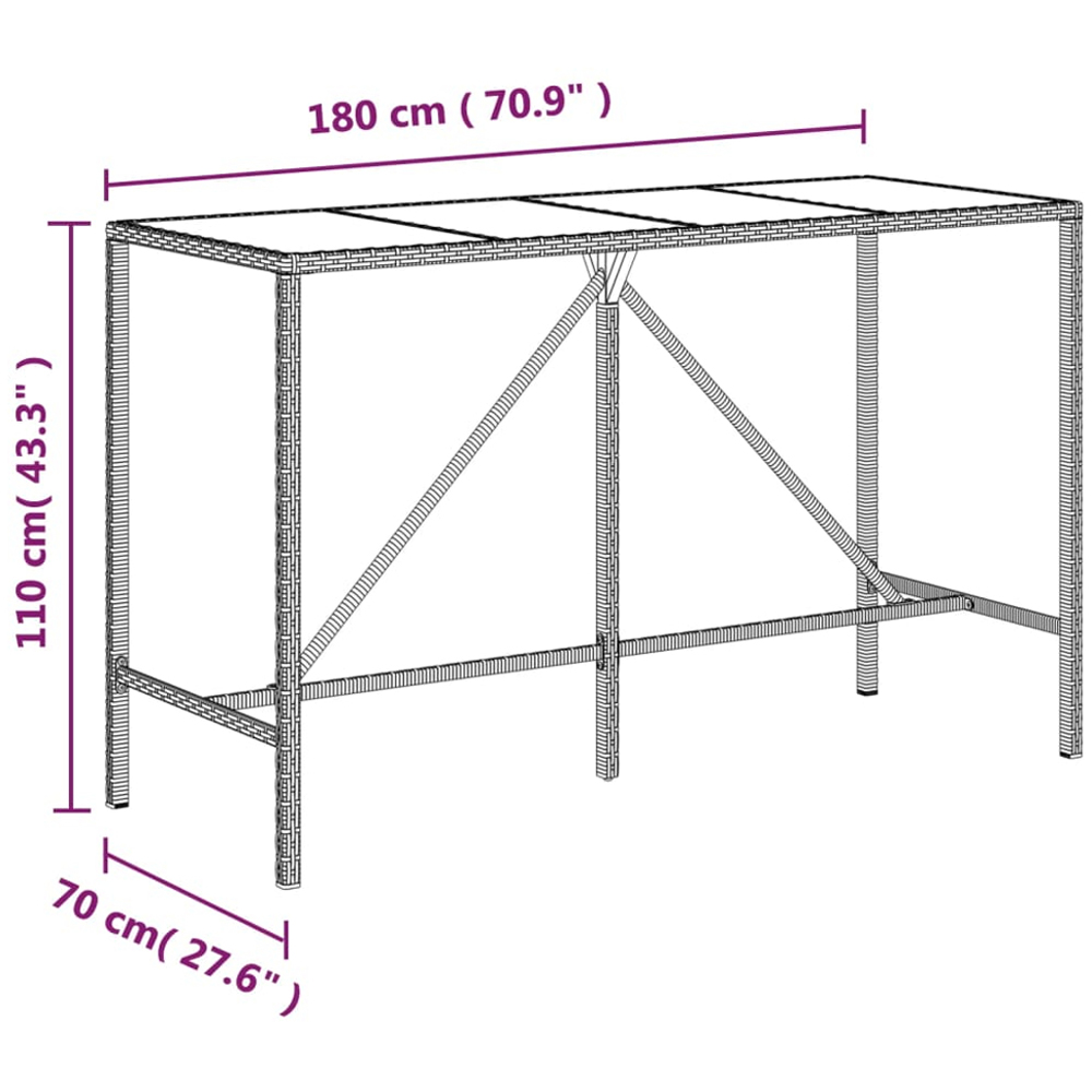 vidaXL Grey Polyrattan Glass Top Bar Table 110 x 70 x 180cm Image 6