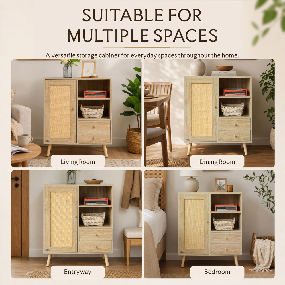 Abrihome Single Door 2 Drawer 2 Shelf Natural Wooden Rattan Side Cabinet Image 8