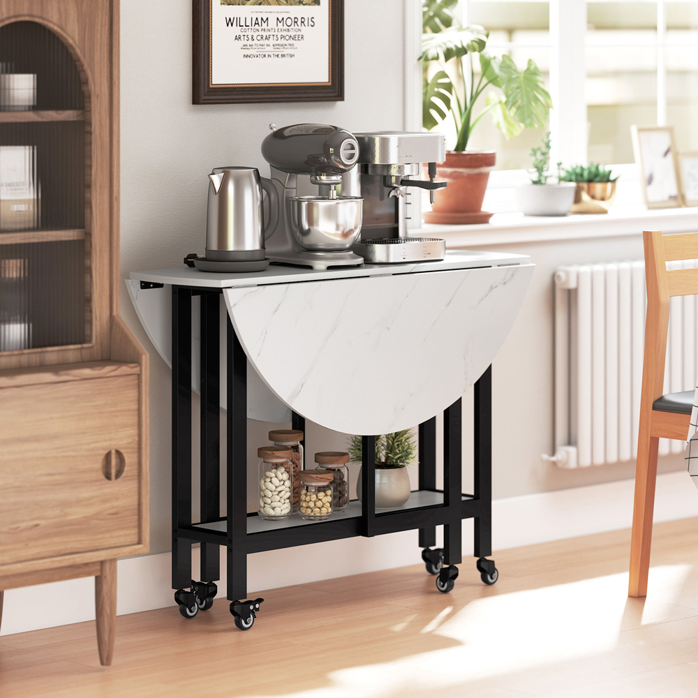 Portland 4 Seater Single Shelf White Marble Drop Leaf Folding Dining Table 100cm Image 3