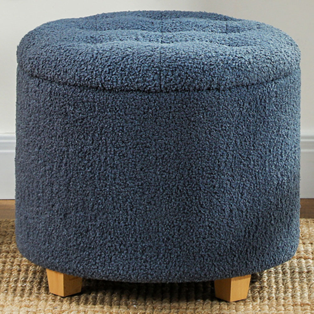 HOMCOM Blue Teddy Fleece Round Ottoman Footstool Image 1