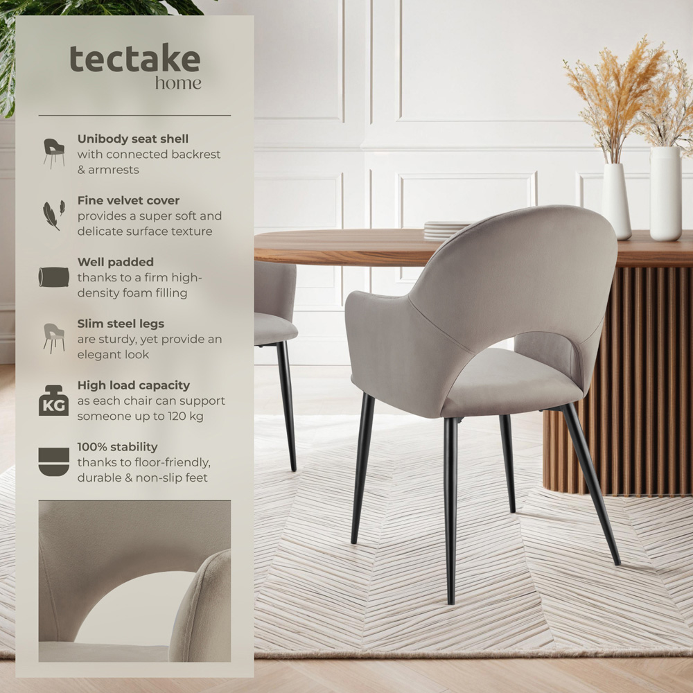 Tectake Sasha Set of 2 Taupe Velvet Padded Dining Chair Image 6
