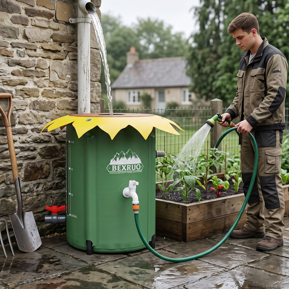 Living and Home 50L Green Sunflower Rain Barrel with Tap and Overflow Port Image 5