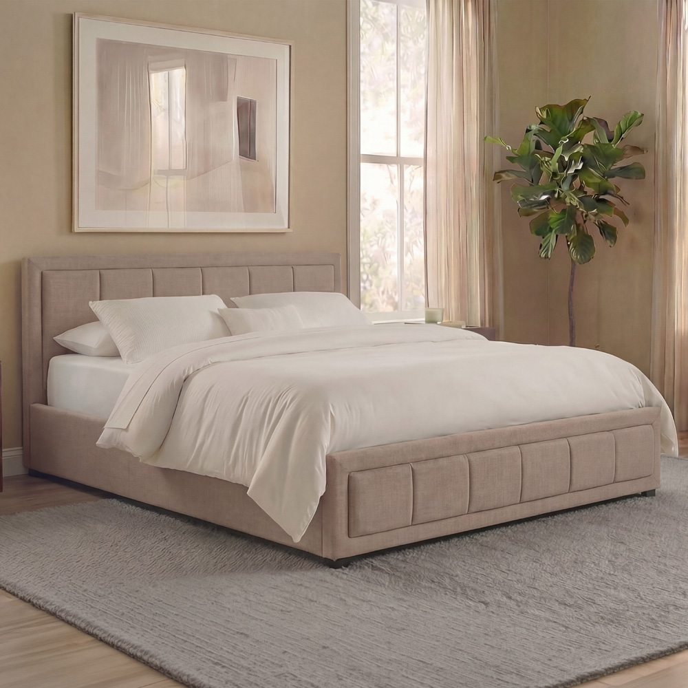 VIDA DESIGNS Vanita King Size Beige Linen Ottoman Bed with Padded Headboard Image 1