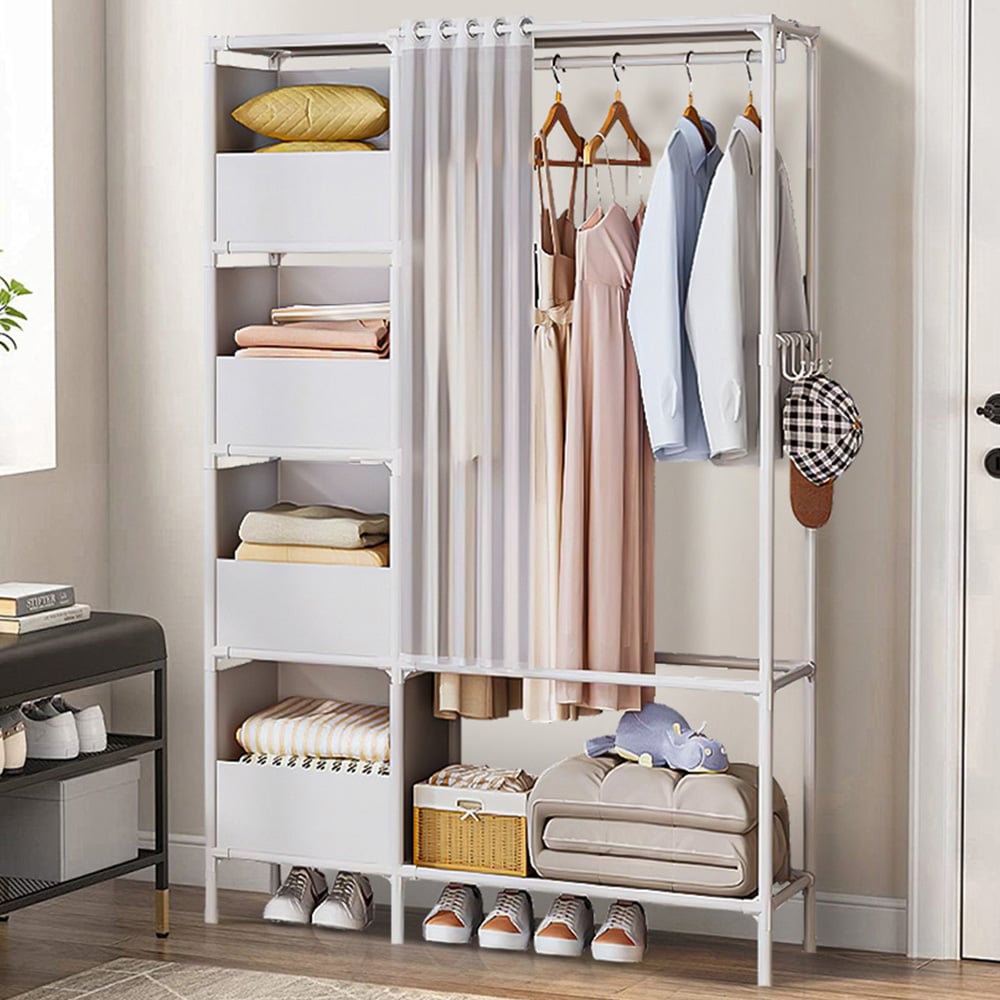 H&O Direct 5 Shelf White Portable Metal Wardrobe with Hanging Rail and Curtain Image 1
