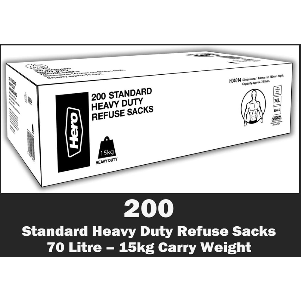 Hero Heavy Duty Refuse Sacks Bin Bag Black 70L 200 Pack Image 2