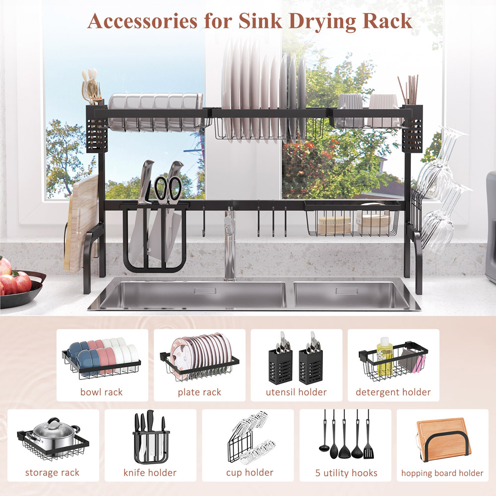 HOMCOM 2 Tier Black Over The Sink Dish Drainer Rack 100cm Image 6