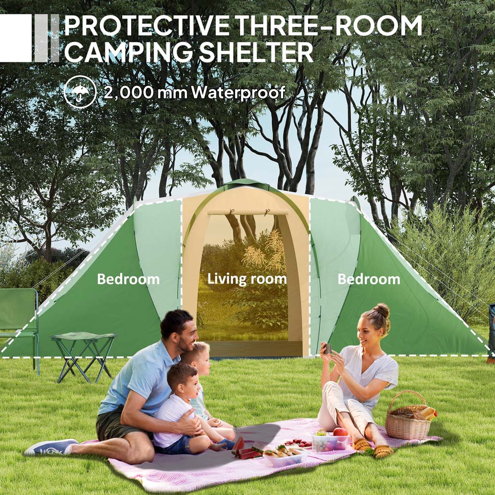 Outsunny 4-6 Person Camping Tent with 2 Bedroom Green and White Image 4