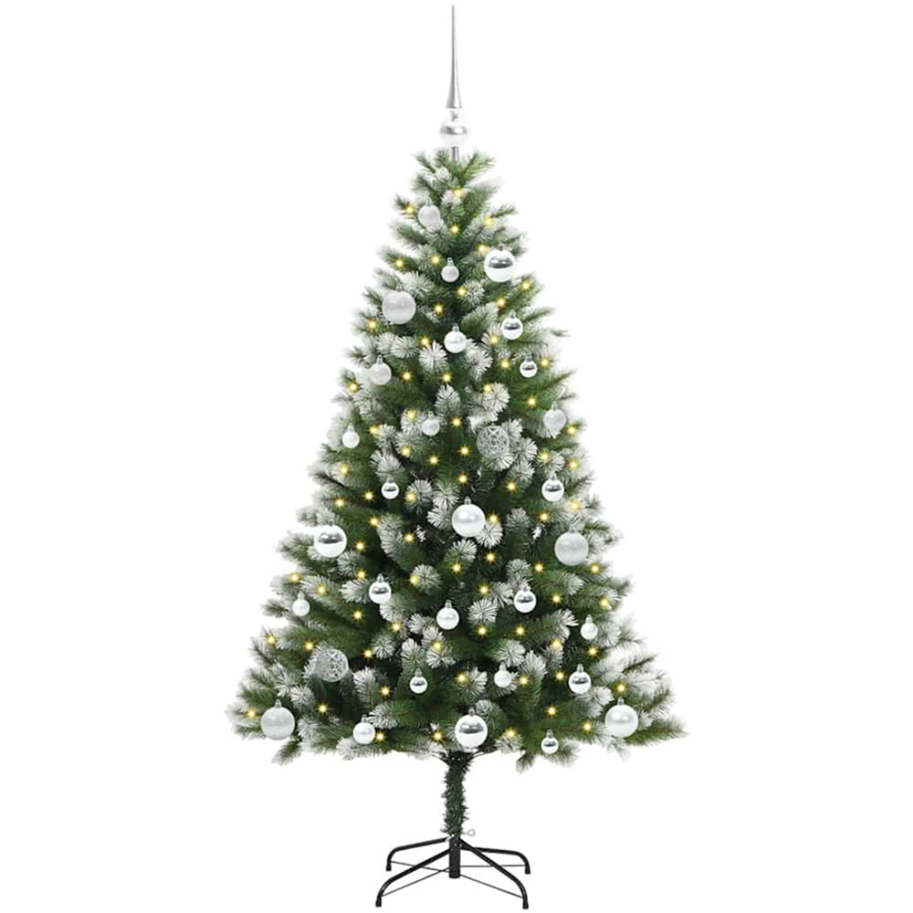 vidaXL Pre-Lit Silver Baubles Green Artificial Snow Tipped Hinged Christmas Tree 5ft Image 1