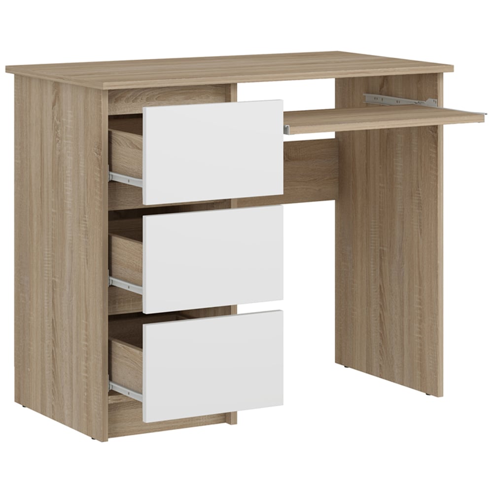 Kudl Cina 3 Drawer Computer Desk with Pull Out Tray Sonoma Oak and White Image 3