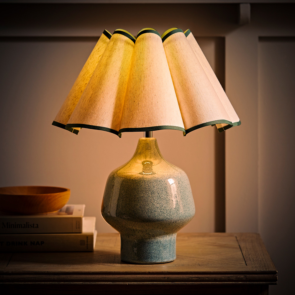 ValueLights Jamie Green and Natural Scallop Shade Ceramic LED Table Lamp Image 2