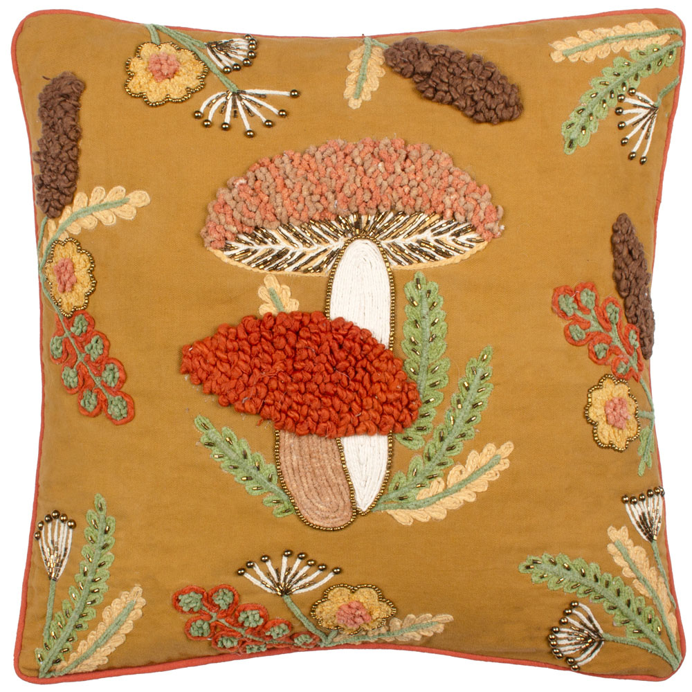 Wylder Nature Mushroom Dell Autumn Gold Embroidered Cotton Cushion 45 x 45cm Image 1