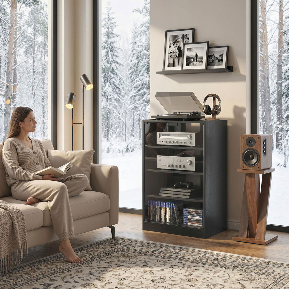 HOMCOM 4-Tier Black Wood-Effect Hi-Fi Stand with Adjustable Shelves Image 2