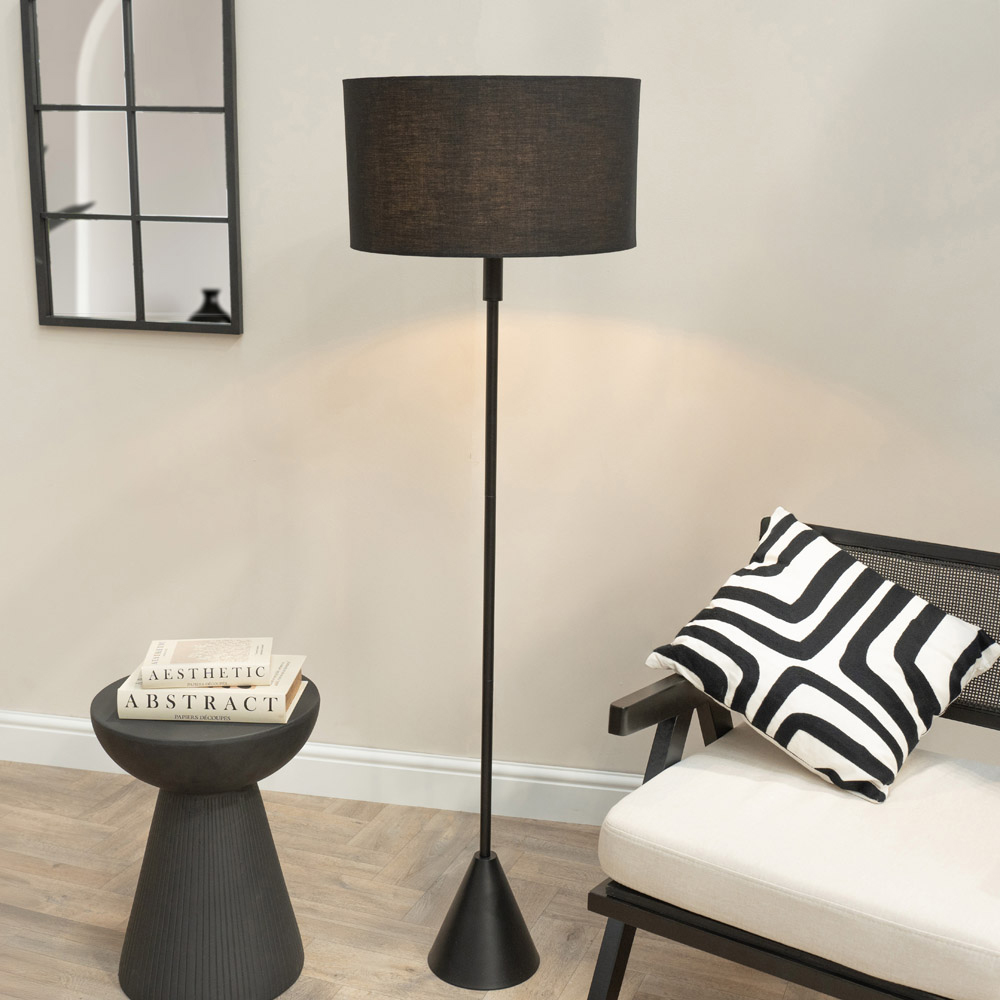 ValueLights Mitch Black Drum Lamp Shade Black Wood Stem Triangle LED Floor Lamp Image 2