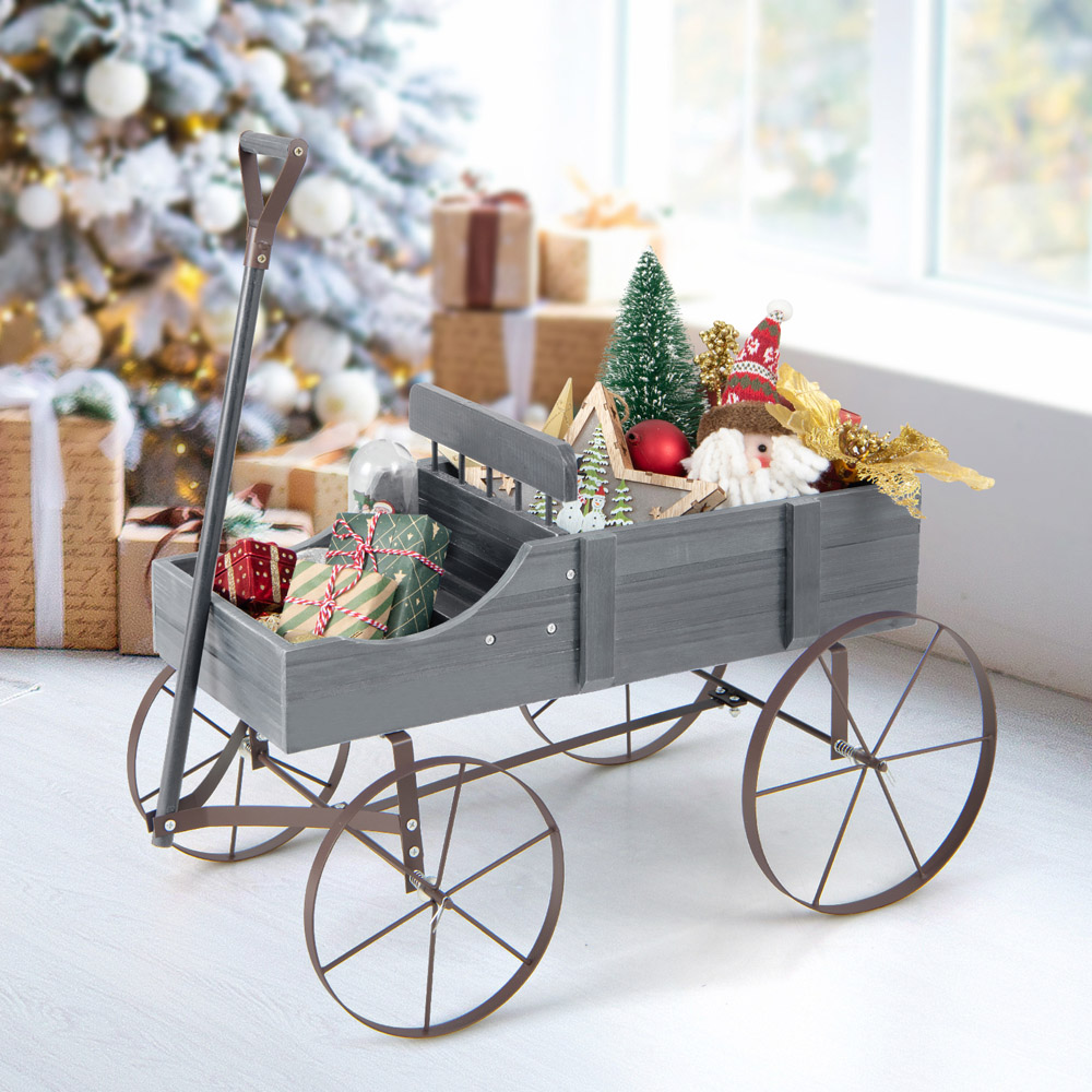 Costway Grey Wooden Wagon Flower Planter Image 3