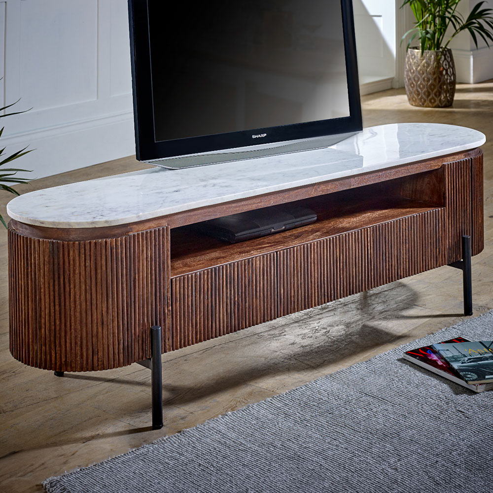 Brooklyn Opal 2 Door 3 Drawer Single Shelf Marble Top Mango Wood TV Unit Image 1