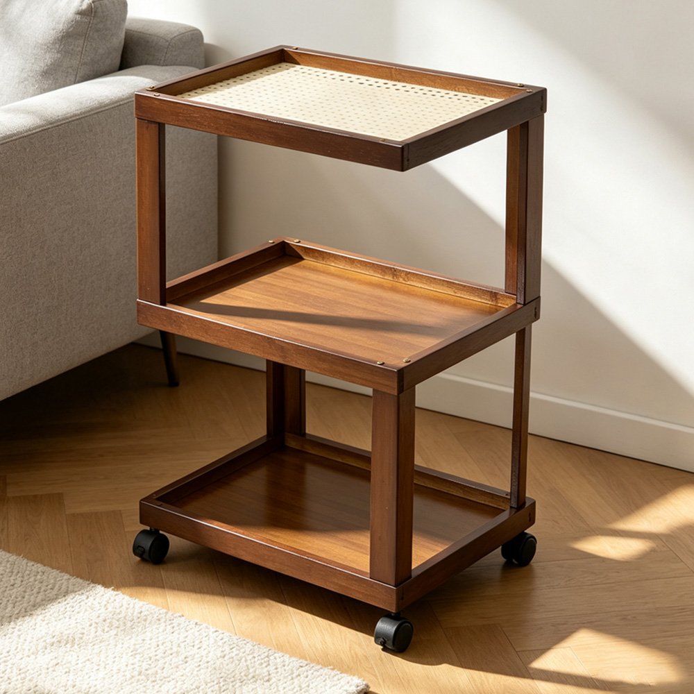 Living and Home 3-Tier Brown Bamboo Faux Rattan Top Side Table with Lockable Castors Image 1