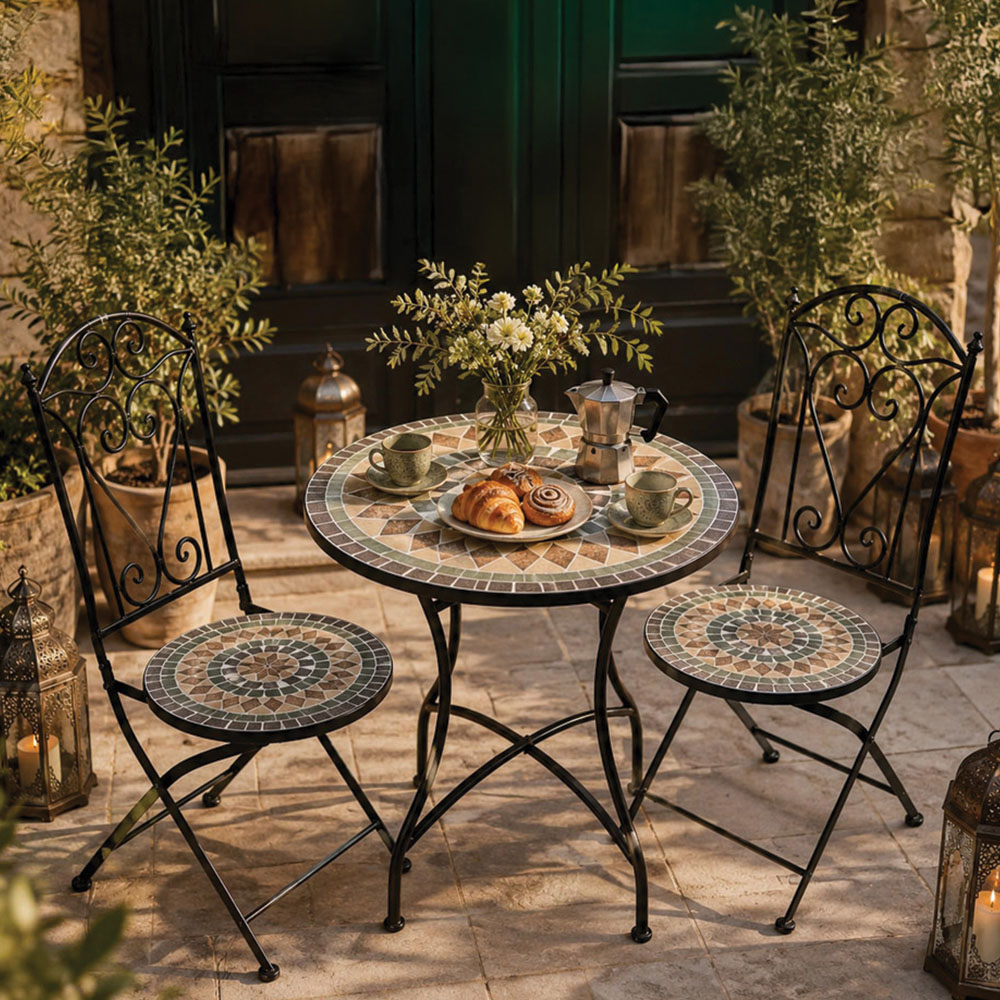 Shatchi Marrakech 2 Seater Mosaic Ceramic Tile Top Foldable Bistro Set Image 1