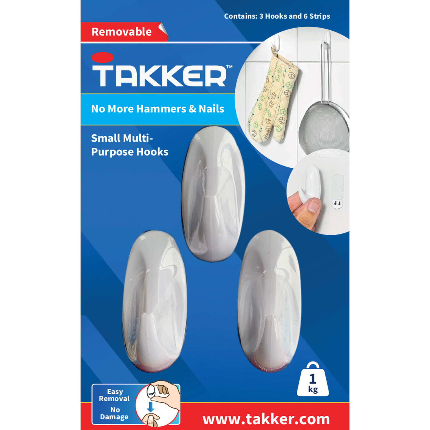 Takker 3 Hook 6 Strips Small Multipurpose Hooks Image 1
