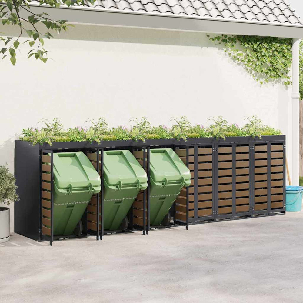 vidaXL Anthracite 6 Wheelie Bin Storage Shed with HDPE Door and Planter Roof Image 2