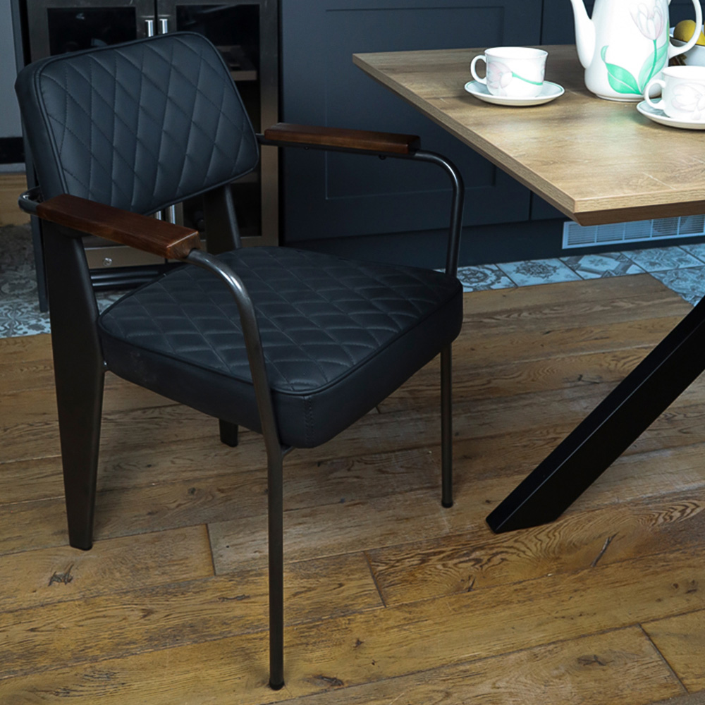 MMT Furniture Designs Set of 2 Black Vintage Diamond Stitch Dining Chair with Wooden Armrests Image 3