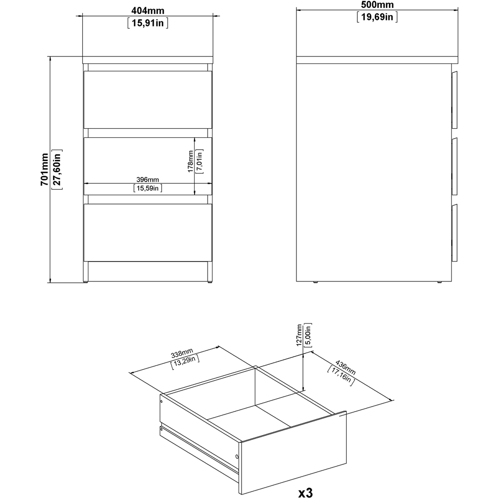 Florence 3 Drawer Concrete and White High Gloss Bedside Table Image 8