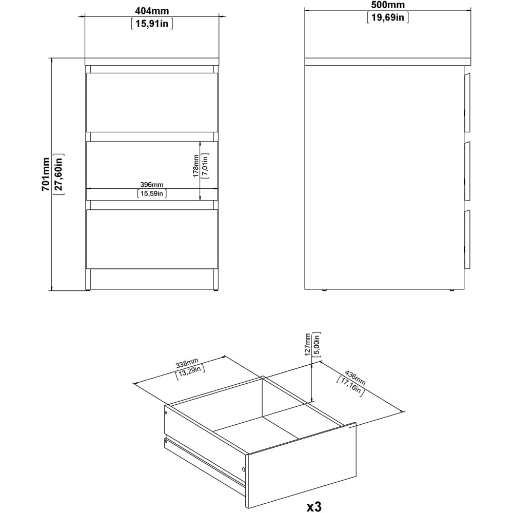 Florence 3 Drawer White High Gloss Bedside Table Image 8