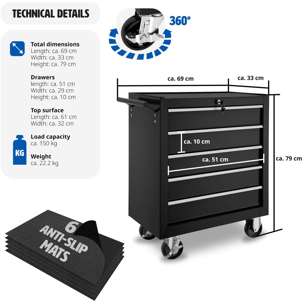 tectake 5 Drawer Black Tool Chest of Drawers with Wheels Image 8