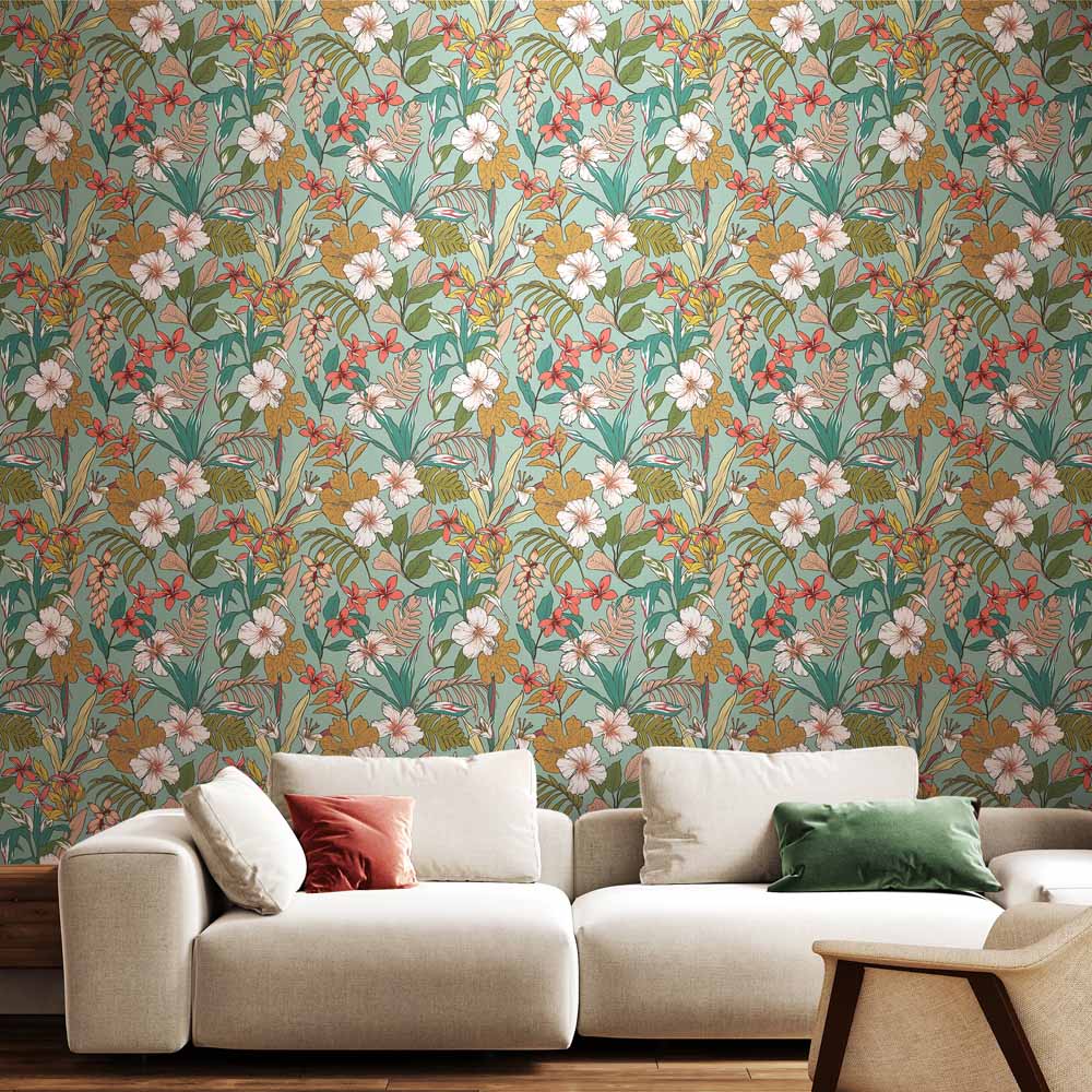 Hoopla Walls Oasis Coral and Teal Non Woven Wallpaper Image 2
