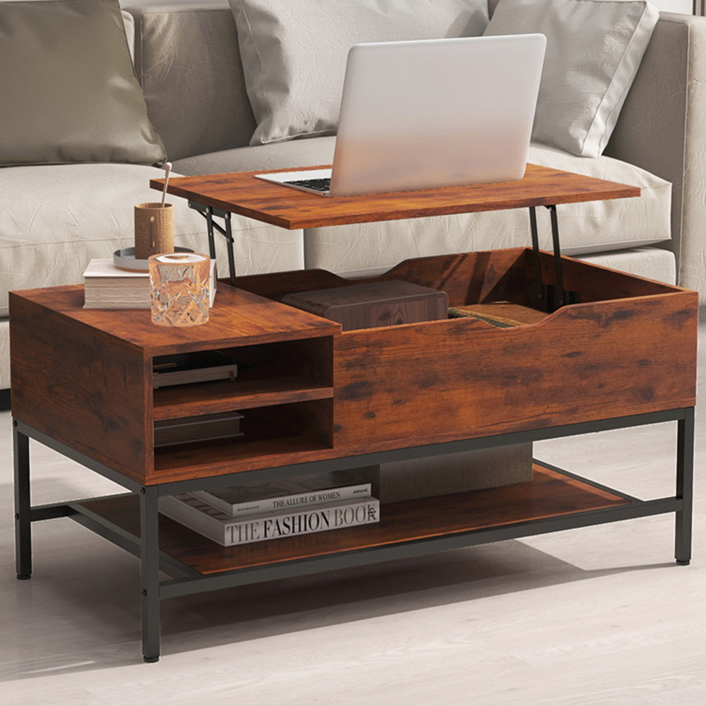 Costway 3 Shelf Rustic Brown Lift Up Top Coffee Table Image 1