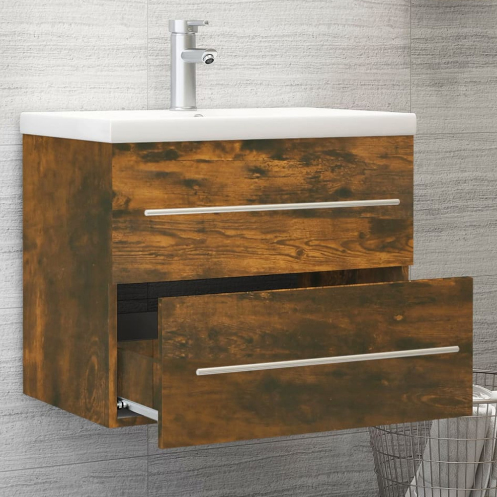 vidaXL 2 Drawer Smoked Oak Washbasin Cabinet with Built-In Sink Image 1