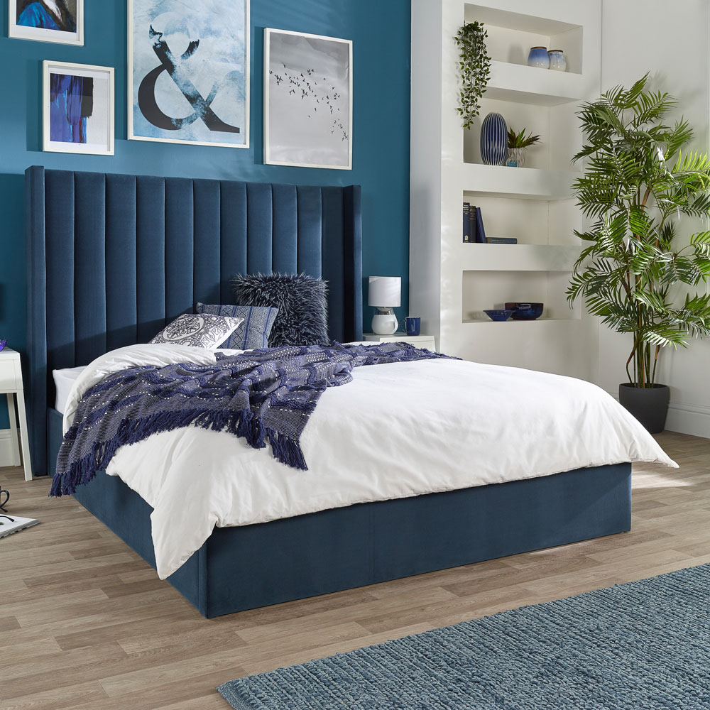 Aspire Helix King Size Blue Velvet Ottoman Bed Image 1