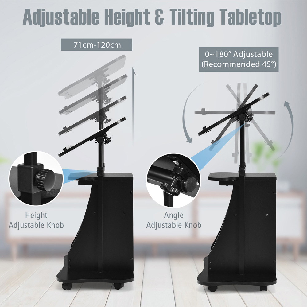 Costway Black Height Adjustable Laptop Desk with Wheels Image 5