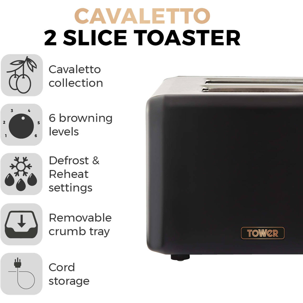Tower Cavaletto T20036RG Black 2 Slice Toaster Image 8