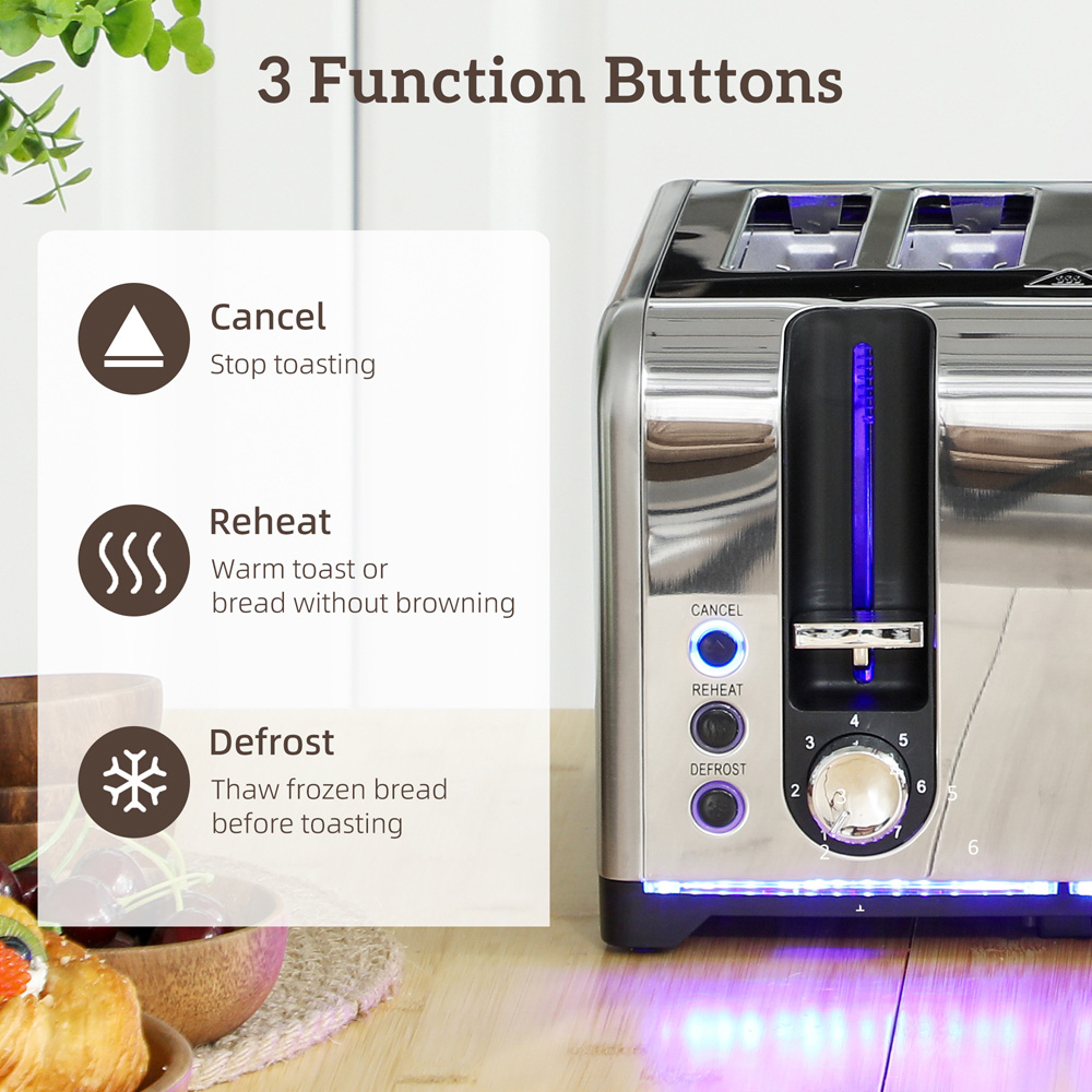 HOMCOM 800-290V70SR Silver Tone 1.7L Kettle and 4 Slice Toaster Set 3000W Image 7