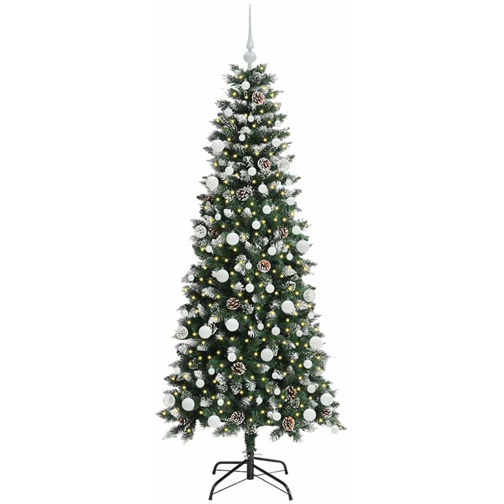 vidaXL Pre-Lit White Baubles Green Artificial Snow Tipped Christmas Tree 6ft Image 1