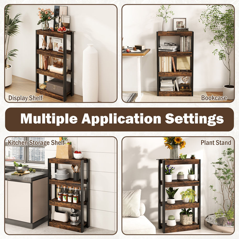 Costway 4 Tier Rustic Brown Wooden Bookcase with Dual Anti Tipping Kits Image 5