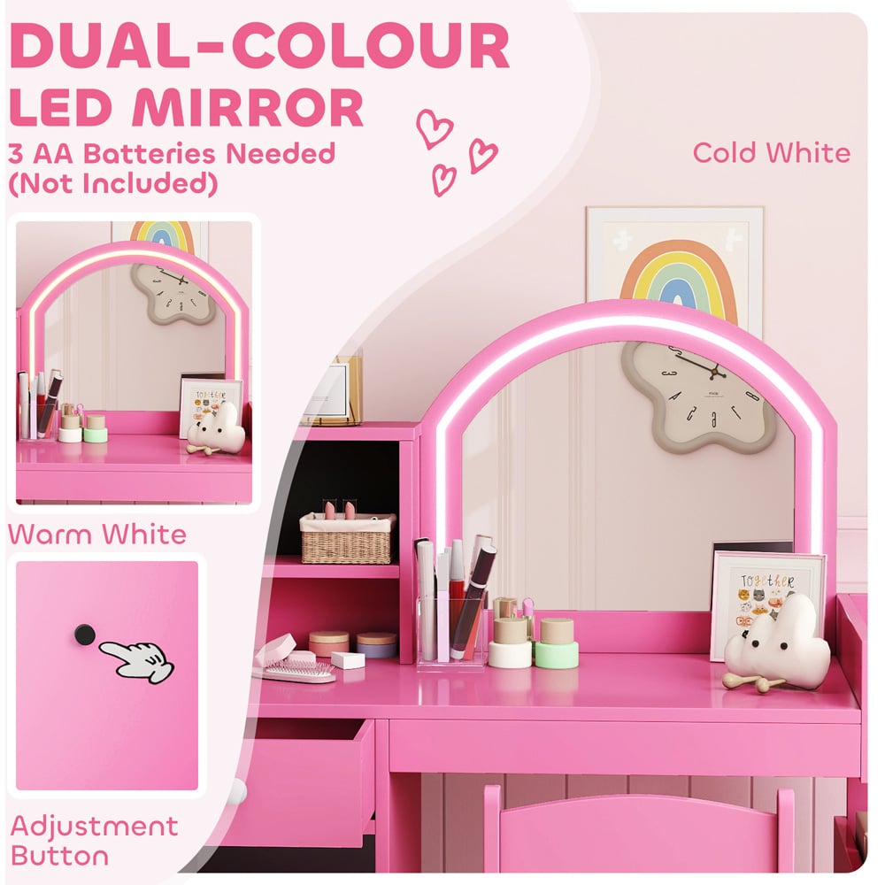 AIYAPLAY 2 Piece Pink LED Mirror Kids Dressing Table and Stool Set Image 5