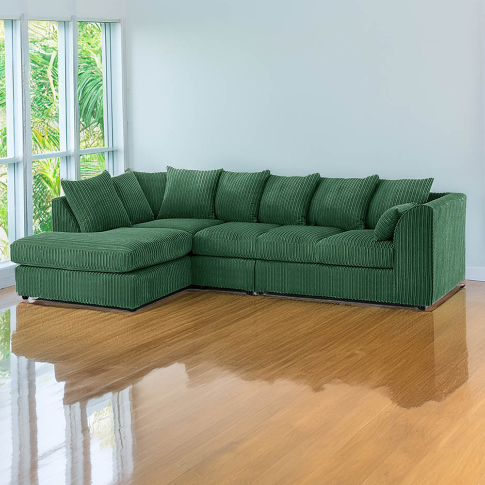 Luxor 4 Seater Green Jumbo Cord Left Hand Facing Scatter Back L Shaped Corner Sofa Set Image 1
