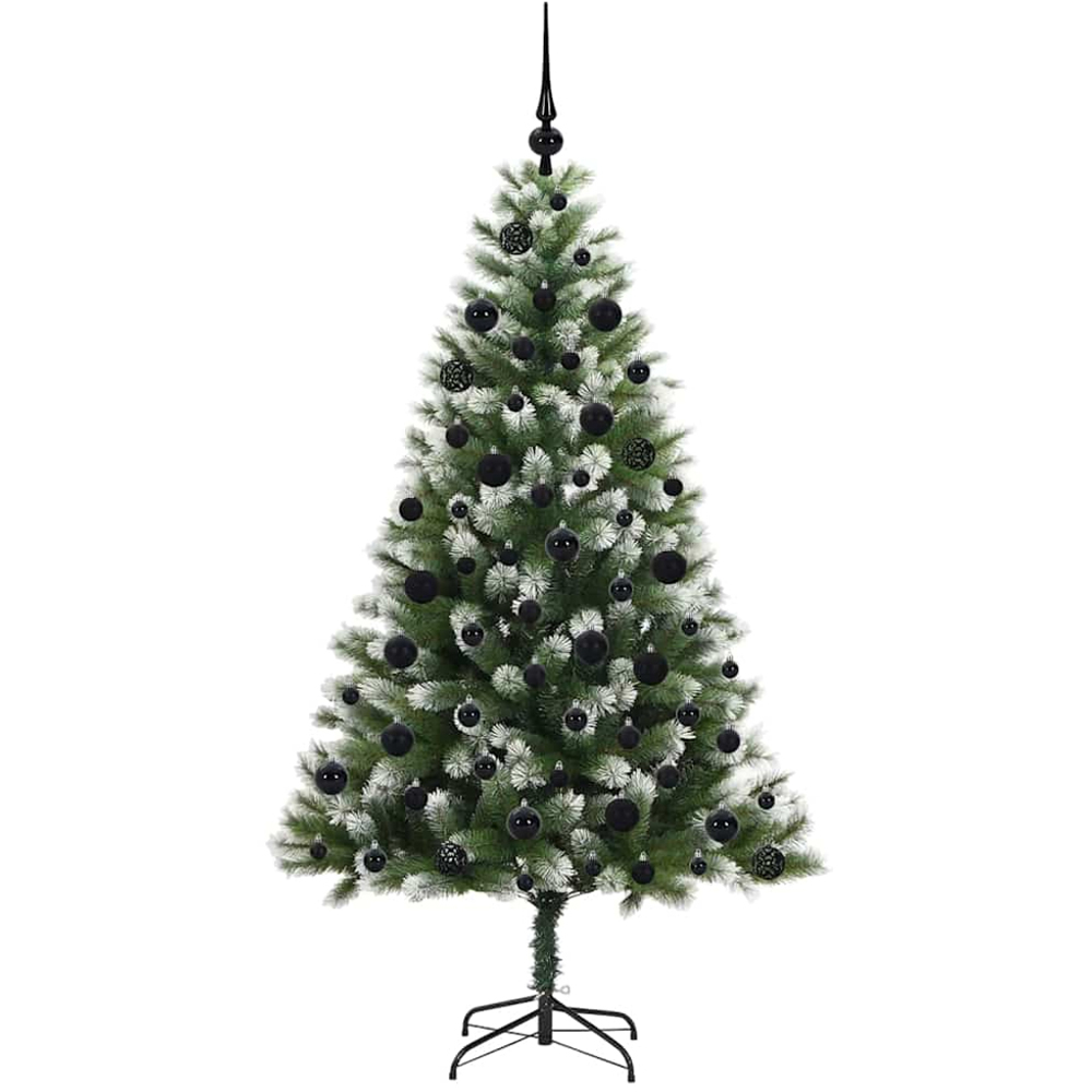 vidaXL Pre-Lit Black Baubles Green Artificial Snow Tipped Hinged Christmas Tree 6ft Image 4