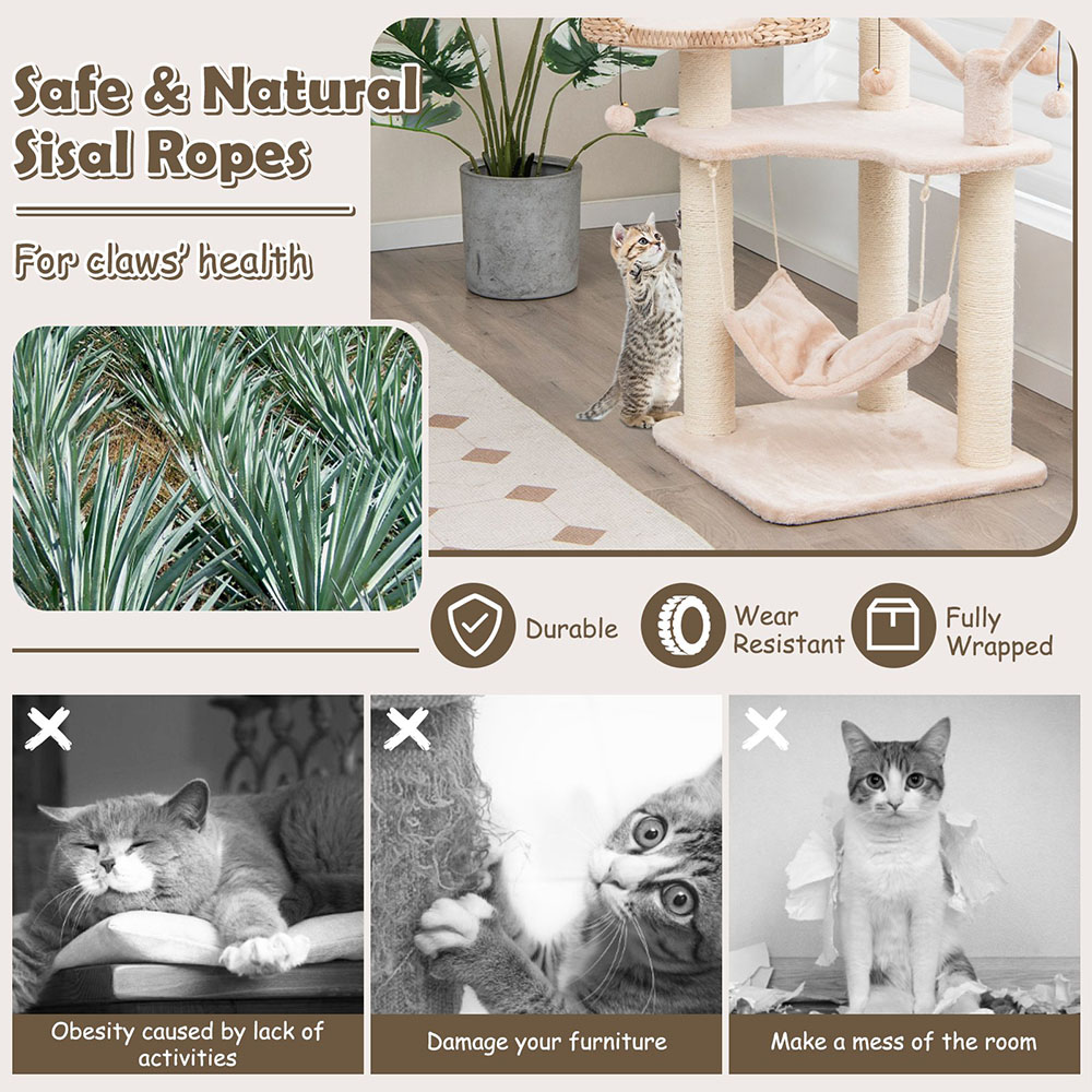 Costway 121cm Natural Cat Tree Scratcher with Cattail Fluff Condo Image 7