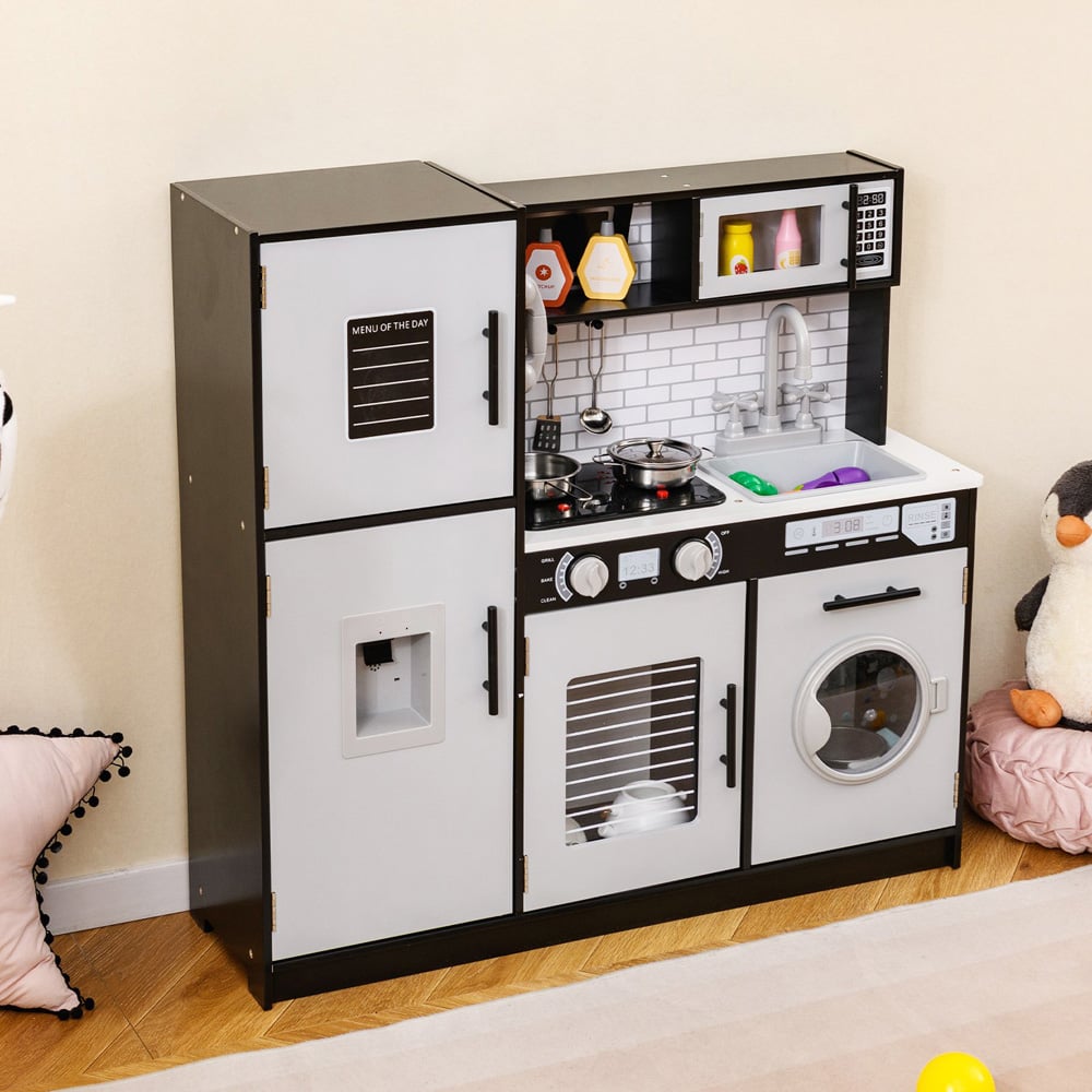 Costway Kids Black and White Kitchen Play Set with Oven and Washing Machine Image 2