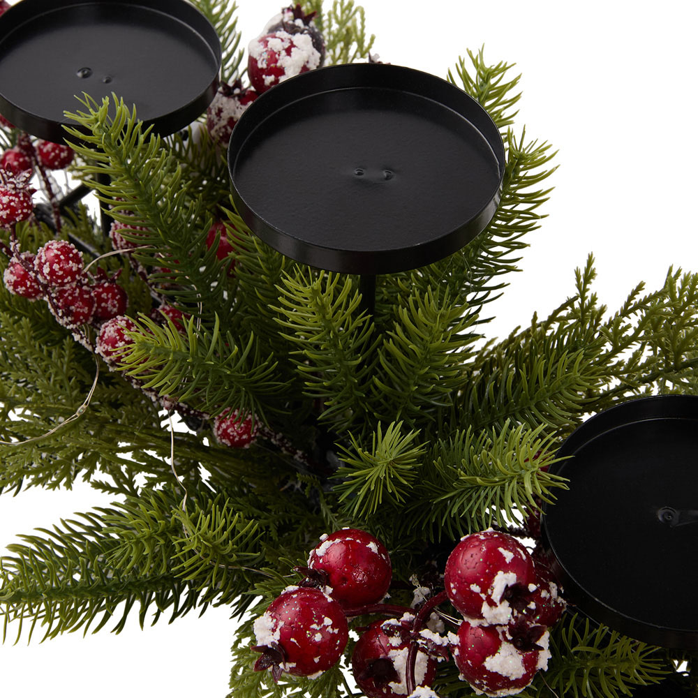 Living and Home Christmas LED 3 Head Candle Holder with Snow Flocked Berries Image 4