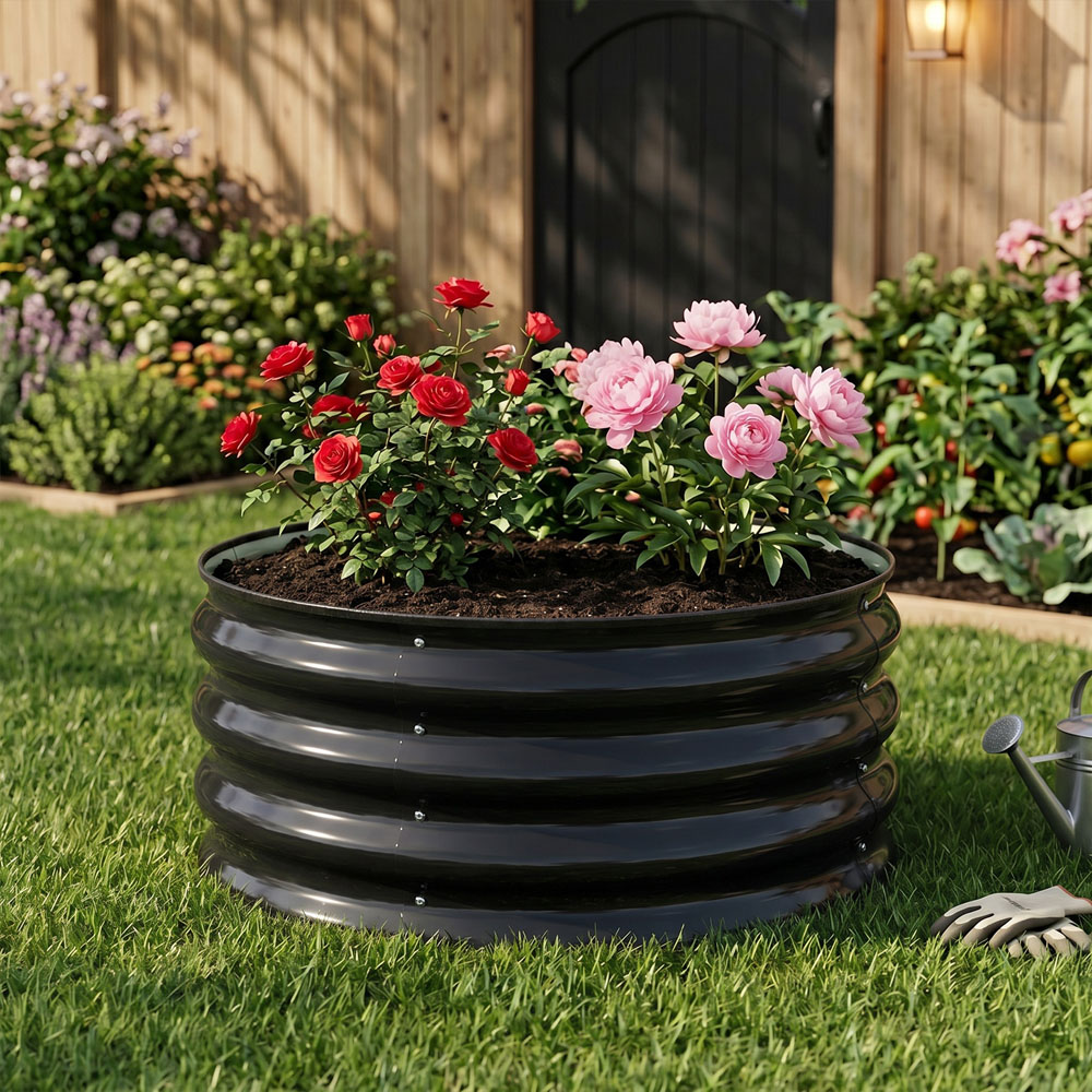 Living and Home Black Round Metal Raised Garden Bed with Open Bottom 60 x 30cm Image 3