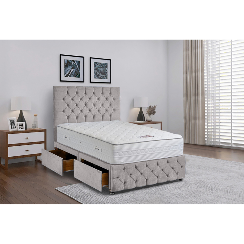 Eleganza Home Comfyzone Super King Size Silver Plush Velvet Divan Bed with Chesterfield Headboard Image 2