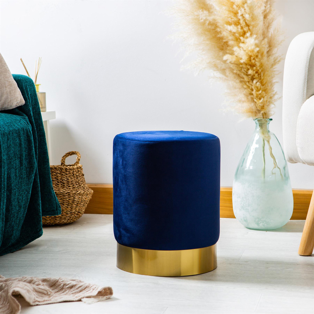 Harbour Housewares Blue Velvet Round Pouffe Image 4
