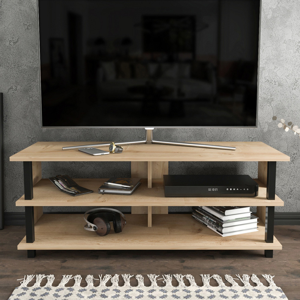 Decorotika Pueblo 4 Open Shelf Black and Oak Wide TV Unit Image 1