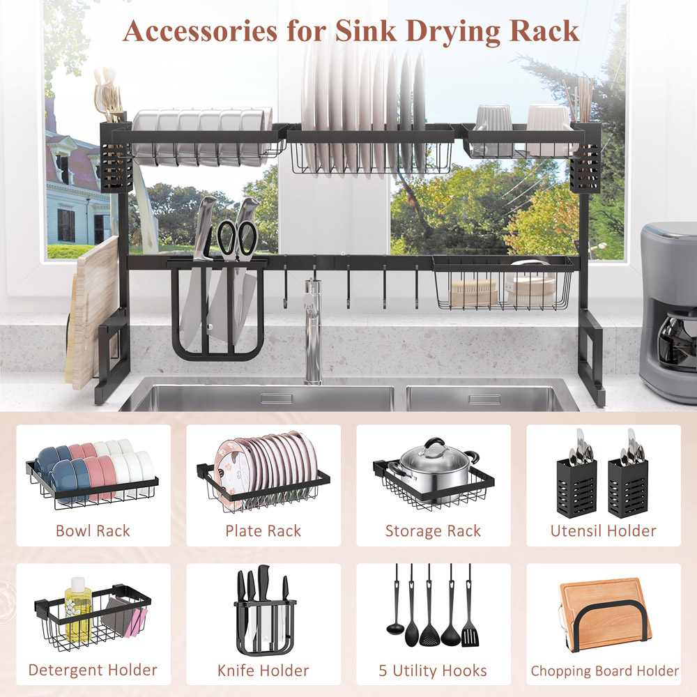 HOMCOM 2 Tier Black Over The Sink Dish Drainer Rack 93cm Image 6